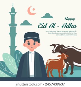 Flat eid al-adha Hintergrund mit Menschen und Tier
