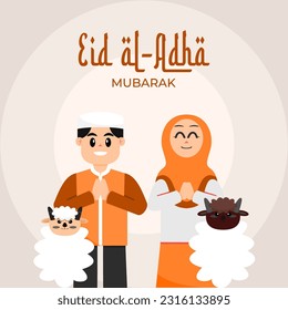 Flat eid al-adha illustration with couple praying and animals