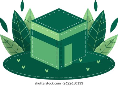 Flat Eid Al-Adha Kaaba Icon with Leaf Decoration. Islamic Festival Element Concept Isolated