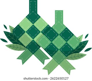 Ícone Eid Al-Adha Ketupat Plano com Decoração de Folha. Conceito de Elemento do Festival Islâmico Isolado