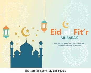 Banner Eid al-Fitr Plano com Mesquita e Lua Crescente