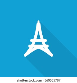 Flat Eiffel Tower icon with long shadow on blue backround