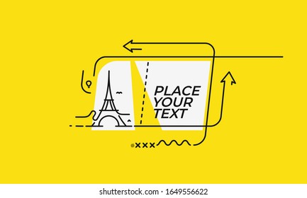 Flat Eiffel Tower with linear promotion ribbon, banner, scroll,  sticker, badge, price tag, poster.
