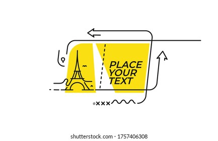Flat Eiffel Tower with linear promotion ribbon, banner, scroll,  sticker, badge, price tag, poster.