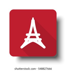 Flat Eiffel Tower web icon on red button with drop shadow