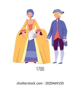 Flat eighteenth century fashion with characters of man and woman isolated vector illustration