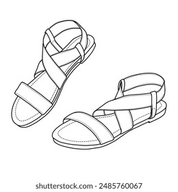 Sandalias elásticas planas para el arte de la línea de las mujeres, dibujo técnico a mano dibujo contorno de Vector doodle ilustración aislado sobre fondo blanco