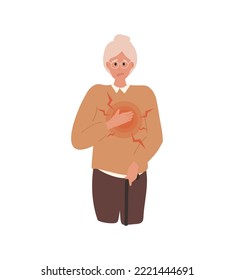 Flat Elderly, old woman got sharp chest pain, heart attack. Sudden pressure, cardiac discomfort. Cardiovascular disease. Adult person clutching breast with painful facial expression