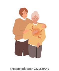 Flat Elderly, old woman got sharp chest pain, heart attack. Son help mother, heart attack care, support. Cardiovascular disease. Adult person clutching breast with painful facial expression