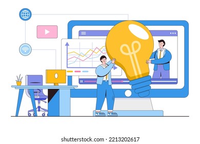 Flat e-learning online education or business webinar with computer concept. Outline design style minimal vector illustration.