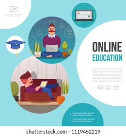 Flat e-learning template with men studying on laptop at home notebook and graduation cap vector illustration