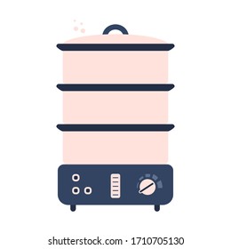 Flat electric food steamer icon, kitchen appliance. Cute blue and pink vector equipment for preparing vegetables and meat dishes for healthy eating logo design, recipe decoration