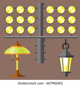 Flat electric lantern city lamp street urban lights fitting illuminator technology light bulb electricity vector illustration.