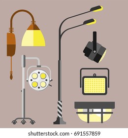 Flat electric lantern city lamp street urban lights fitting illuminator technology light bulb electricity vector illustration.