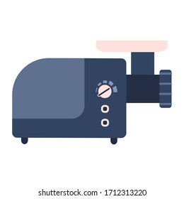 Flat electric mincing machine, kitchen meat grinder. Cute blue and pink vector automatic meat chopper appliance for logo design, recipe decoration
