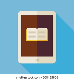 Flat Electronic Book Illustration with long Shadow. Knowledge Reading Open Book. Back to School and Education. Wisdom and Library Vector illustration. Technology Book Object. 
