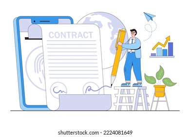 Flat electronic contract with people characters concept. Outline design style minimal vector illustration for landing page, web banner, infographics, hero images