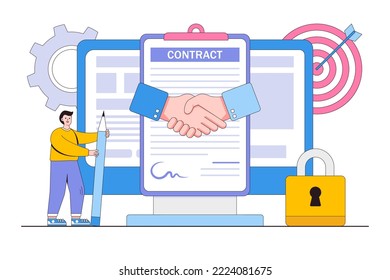 El concepto de contrato electrónico plano con personajes. Estilo de diseño de esquema ilustración vectorial mínima para página de inicio, banner web, infografías, imágenes de héroe