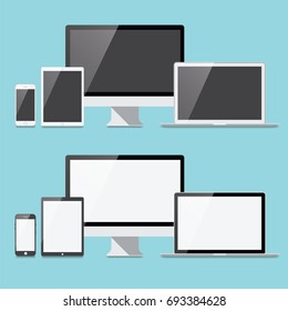 Flat Electronic Devices Set - Set of electronic devices in a flat style. Devices include a desktop compute, laptop, tablet and smartphone. Eps10 file with transparency.