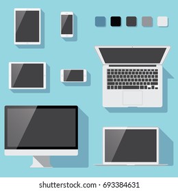 Flat Electronic Devices Set - Set of electronic devices in a flat style. Devices include a desktop compute, laptop, tablet and smartphone. Eps10 file with transparency.