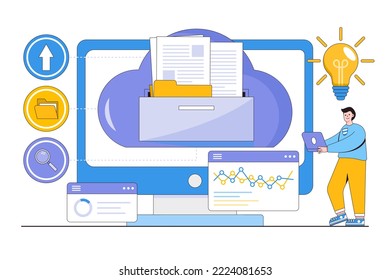 Concepto de gestión de documentos electrónicos planos. Estilo de diseño de esquema ilustración vectorial mínima para página de inicio, banner web, infografías, imágenes de héroe