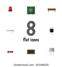 Flat Electronics Set Of Bobbin, Receiver, Unit And Other Vector Objects. Also Includes Memory, Transistor, Resistor Elements.