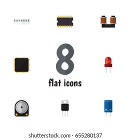 Flat Electronics Set Of Coil Copper, Memory, Microprocessor And Other Vector Objects. Also Includes Motherboard, Electronics, Microprocessor Elements.