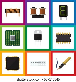 Flat Electronics Set Of Receiver, Microprocessor, Coil Copper And Other Vector Objects. Also Includes Access, Set, Display Elements.