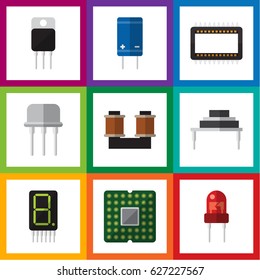 Flat Electronics Set Of Recipient, Mainframe, Transistor And Other Vector Objects. Also Includes Destination, Resist, Recipient Elements.