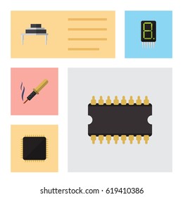 Flat Electronics Set Of Repair, Display, Destination And Other Vector Objects. Also Includes Calculate, Calculator, Cpu Elements.