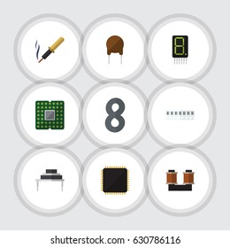 Flat Electronics Set Of Unit, Destination, Triode And Other Vector Objects. Also Includes Random, Electronics, Coil Elements.