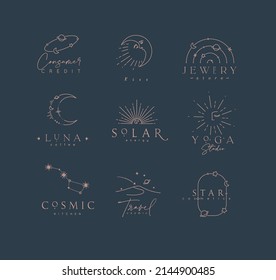 Flat elegance astrology labels with lettering in modern line style drawing with brown lines on blue background