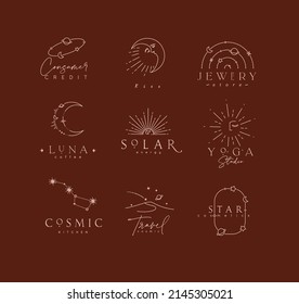 Flat elegance astrology labels with lettering in modern line style drawing with brown lines on red background