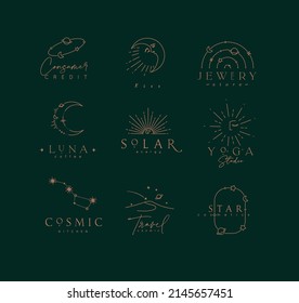 Flat elegance astrology labels with lettering in modern line style drawing with brown lines on green background