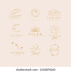 Flat elegance astrology labels with lettering in modern line style drawing with brown lines on beige background