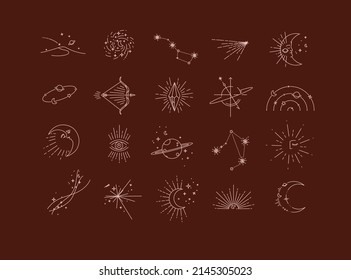 Flat elegance astrology signs landscape, galaxy, constellation, comet, moon, orbit, bow, arrows, crystal, eye, Saturn, star, stars, sun, particles, particle, sunset, space modern line style red