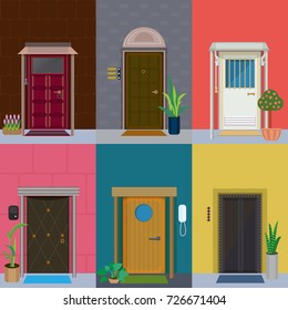 Flat elegant colorful doors set with plants in flowerpots and different types of doorbells isolated vector illustration