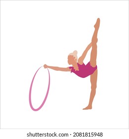A flat elegant drawing of a gymnast. The girl is practicing in gymnastics with a hoop. On an abstract background.