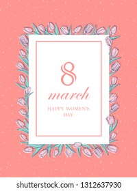 Flat elegant vertical greeting card template with hand drawn tulips and text. March 8 banner with ink sketch of spring flowers on pink background. Elements for design in pale tender colors.
