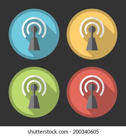 Flat Elegant Vintage Antenna Icon on Circular Colored Buttons on Black Background.