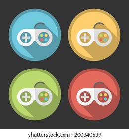 Flat Elegant Vintage Joystick Icon on Circular Colored Buttons on Black Background.
