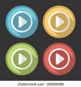 Flat Elegant Vintage Play Icon on Circular Colored Buttons on Black Background.