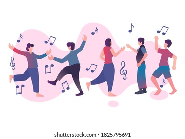 Flat element of dancing people with music note. Flat element of man and woman being dance. people isolated on white background.