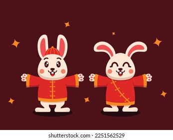 Flat Element of Two Cute Chinese Rabbits. Celebrating Lunar New Year. Vector Design.