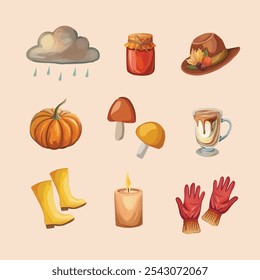 Flat elements collection perfect for fall season celebrations, featuring autumn leaves, pumpkins, acorns, and cozy seasonal decor for festive and warm designs.