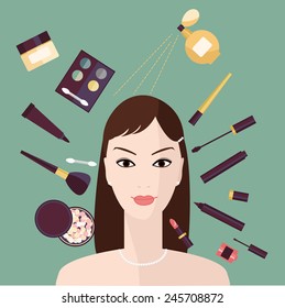 Flat elements of cosmetics and woman face. Vector woman face with cosmetic.Flat illustration of cosmetic elements. Flat icon of cosmetics product. Vector flat design of make up. 