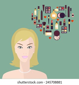 Flat elements of cosmetics and woman face. Vector woman face with cosmetic.Flat illustration of cosmetic elements. Flat icon of cosmetics product. Vector flat design of make up. 