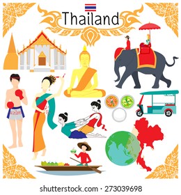 Flat elements for designs about Thailand including the word THAI BOXING in Thai on boxing shorts.