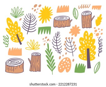 Flat elements forest doodle vector illustration. Hand drawn colorful cartoon style. Isolated on white background.