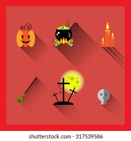 Flat elements for Halloween. Vector illustration. Pumpkin, cauldron, grave yard, broom, skull, candles.